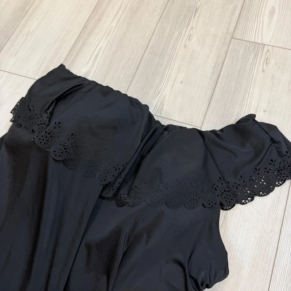 Swim by Cacique One Shoulder Ruffle Eyelet Tankini Top Black 34 1127342